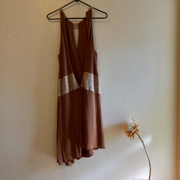 Vintage 90s Keyhole Asymmetric Mocha/Tan Flapper Inspired Dress - Picture 12 of 16